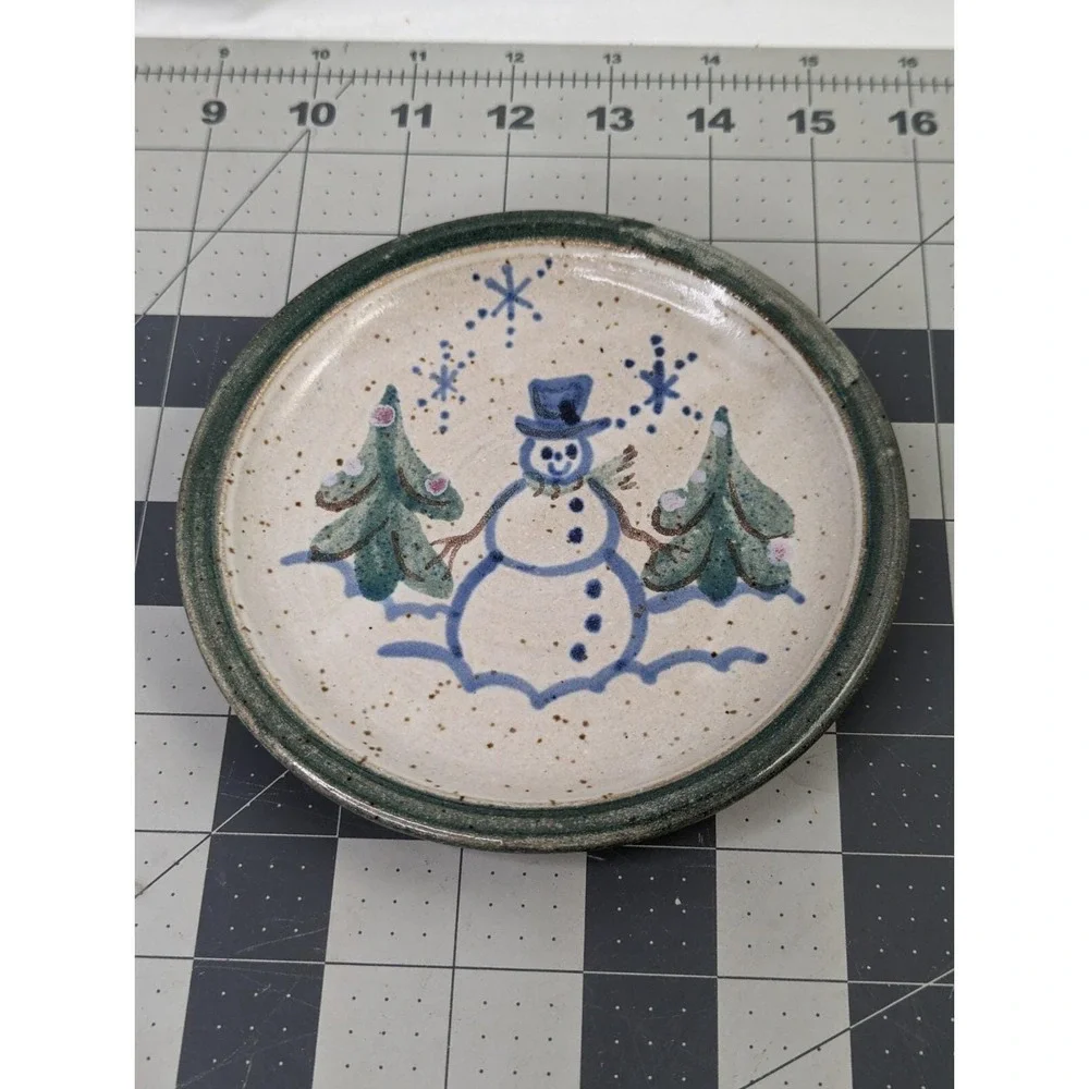 Nancy Gertig Signed‎ Pottery Plate Snowmen Trees 6 Inch